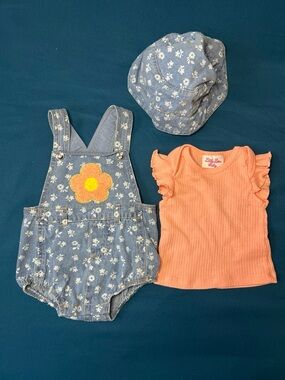 Little Lass Peach Ruffle Sleeve Top & Floral Denim Overall Set with Hat